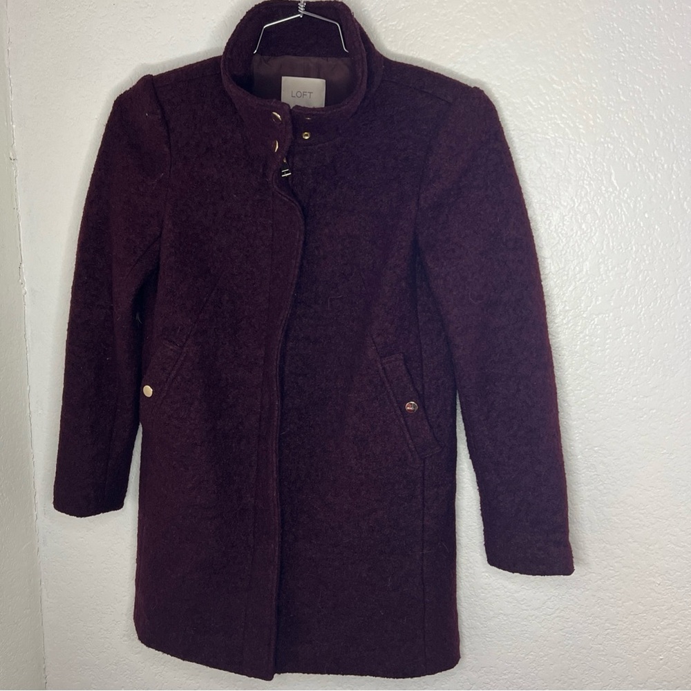 Loft Petites Wool Blend Funnel Neck Plum Zip Coat Jacket Size XXSP
